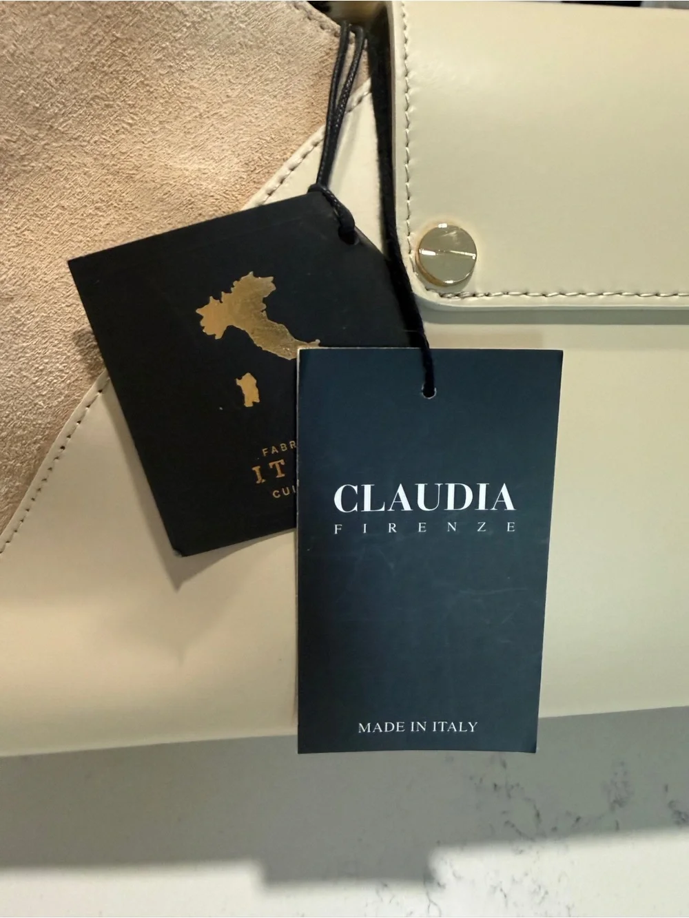 CLAUDIA Firenze Genuine Leather Beige/Cream Satchel Handbag with Wooden Handle